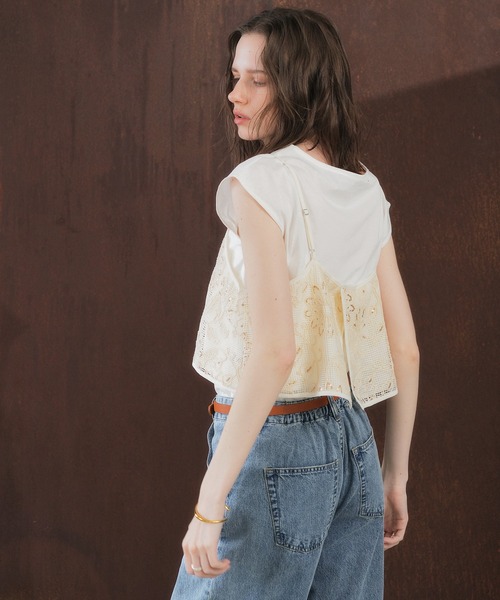 YECCA VECCA（イェッカヴェッカ）の「【尾崎紗代子さん着用】[2点SET]刺繍メッシュキャミセットコットンTee（Tシャツ/カットソー・レディース・ライトベージュ/ブラック・FREE）」の21枚目の写真