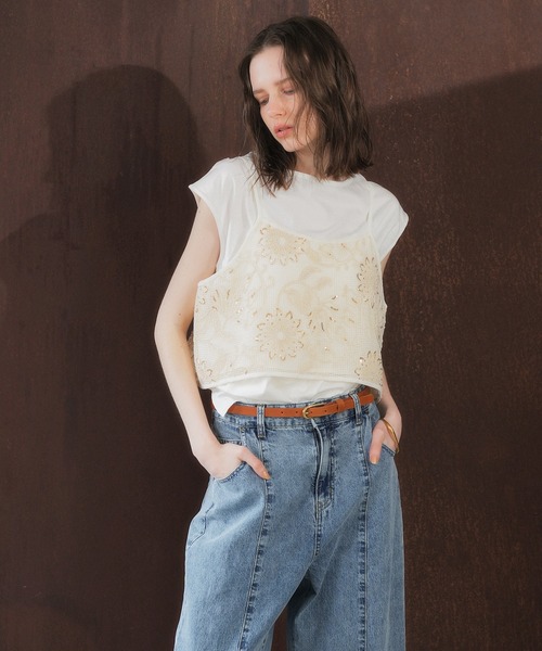 YECCA VECCA（イェッカヴェッカ）の「【尾崎紗代子さん着用】[2点SET]刺繍メッシュキャミセットコットンTee（Tシャツ/カットソー・レディース・ライトベージュ/ブラック・FREE）」の22枚目の写真