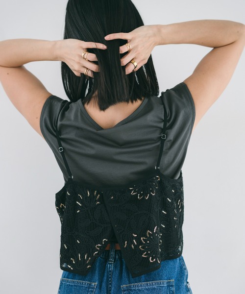 YECCA VECCA（イェッカヴェッカ）の「【尾崎紗代子さん着用】[2点SET]刺繍メッシュキャミセットコットンTee（Tシャツ/カットソー・レディース・ライトベージュ/ブラック・FREE）」の10枚目の写真
