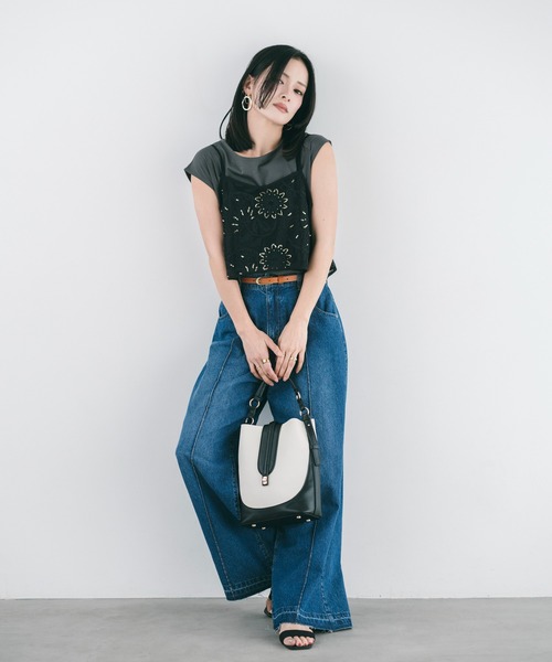 YECCA VECCA（イェッカヴェッカ）の「【尾崎紗代子さん着用】[2点SET]刺繍メッシュキャミセットコットンTee（Tシャツ/カットソー・レディース・ライトベージュ/ブラック・FREE）」の11枚目の写真