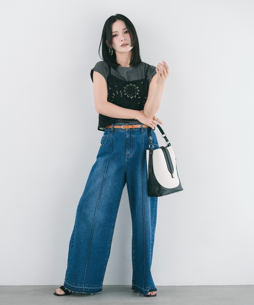 YECCA VECCA（イェッカヴェッカ）の「【尾崎紗代子さん着用】[2点SET]刺繍メッシュキャミセットコットンTee（Tシャツ/カットソー・レディース・ライトベージュ/ブラック・FREE）」の12枚目の写真