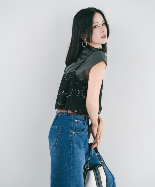 YECCA VECCA（イェッカヴェッカ）の「【尾崎紗代子さん着用】[2点SET]刺繍メッシュキャミセットコットンTee（Tシャツ/カットソー・レディース・ライトベージュ/ブラック・FREE）」の9枚目の写真