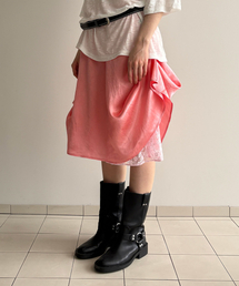BUTTON SATIN LACE FLARED SKIRT / pink