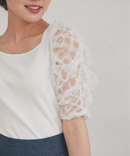 tocco closet(トッコ クローゼット)の「シアードットフリルキルティングパワショルカットソー(Tシャツ/カットソー・レディース・ブラック/オフホワイト・M)」の9枚目の写真