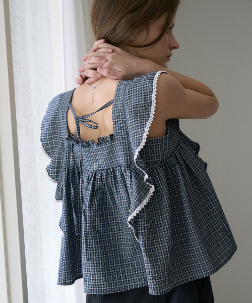DEHEVE（デヘヴェ）の「Check Ruffle Blouse [Navy]（シャツ/ブラウス・レディース・ネイビー・SMALL/MEDIUM）」の6枚目の写真