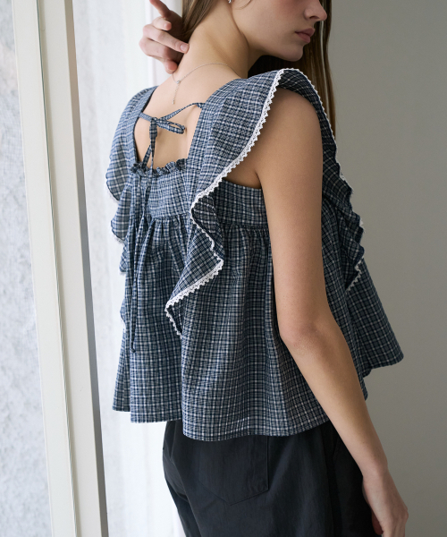 DEHEVE（デヘヴェ）の「Check Ruffle Blouse [Navy]（シャツ/ブラウス・レディース・ネイビー・SMALL/MEDIUM）」の7枚目の写真