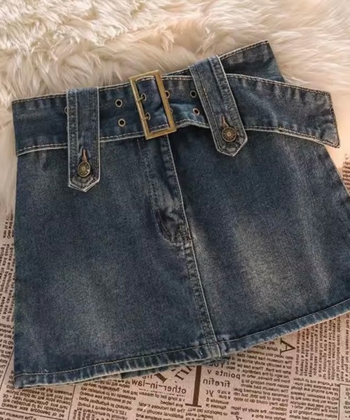 BARELY BLUE(ベアリーブルー)の「【 BARELY BLUE / ベアリーブルー 】 ベルト 付き デニム ミニ スカート / スカパン(デニムスカート・レディース・ブラック/ブルー・L/M)」の5枚目の写真