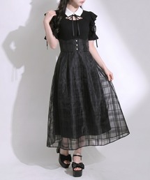 夢展望（ユメテンボウ）の「デコルテオープンシアーチェックドッキング半袖ワンピース【大きいサイズあり】（ワンピース）」