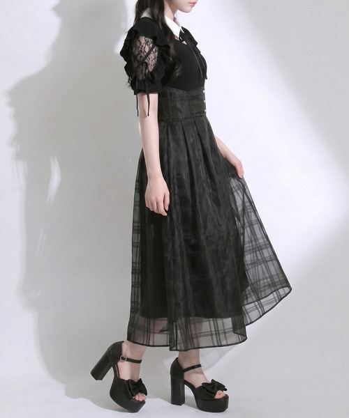 DearMyLoveRose(ディアマイラブローズ)の「デコルテオープンシアーチェックドッキング半袖ワンピース【大きいサイズあり】(ワンピース・レディース・ブラック/ブルー・L~LL/M-L/LL~3L)」の4枚目の写真