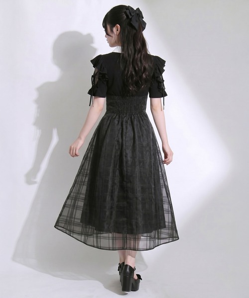 DearMyLoveRose(ディアマイラブローズ)の「デコルテオープンシアーチェックドッキング半袖ワンピース【大きいサイズあり】(ワンピース・レディース・ブラック/ブルー・L~LL/M-L/LL~3L)」の5枚目の写真