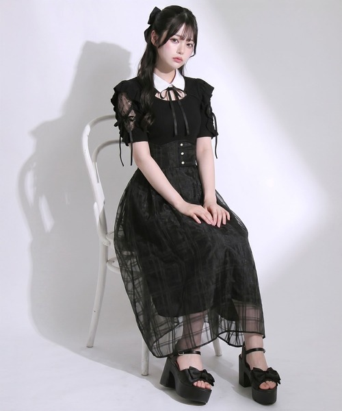 DearMyLoveRose(ディアマイラブローズ)の「デコルテオープンシアーチェックドッキング半袖ワンピース【大きいサイズあり】(ワンピース・レディース・ブラック/ブルー・L~LL/M-L/LL~3L)」の6枚目の写真
