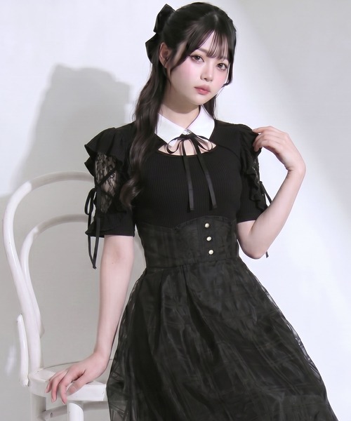 DearMyLoveRose(ディアマイラブローズ)の「デコルテオープンシアーチェックドッキング半袖ワンピース【大きいサイズあり】(ワンピース・レディース・ブラック/ブルー・L~LL/M-L/LL~3L)」の7枚目の写真