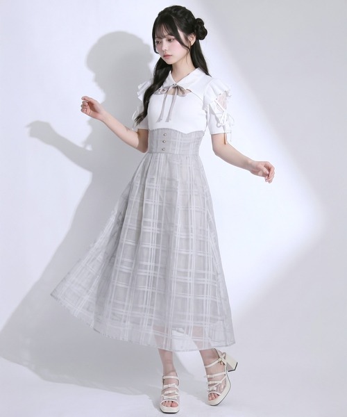 DearMyLoveRose(ディアマイラブローズ)の「デコルテオープンシアーチェックドッキング半袖ワンピース【大きいサイズあり】(ワンピース・レディース・ブラック/ブルー・L~LL/M-L/LL~3L)」の8枚目の写真