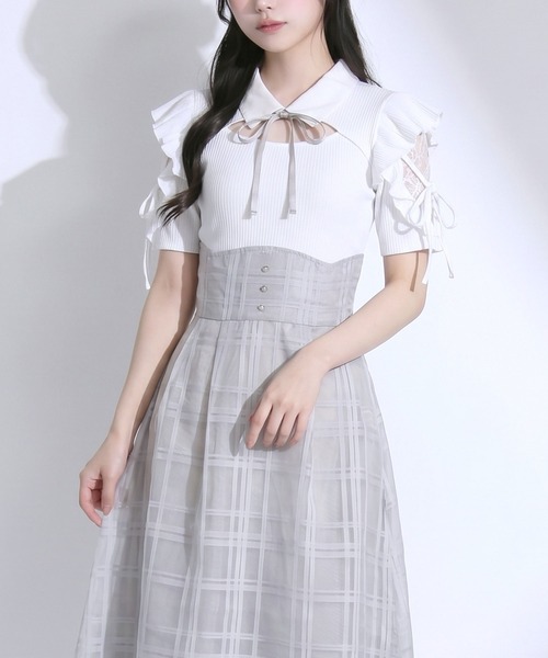 DearMyLoveRose(ディアマイラブローズ)の「デコルテオープンシアーチェックドッキング半袖ワンピース【大きいサイズあり】(ワンピース・レディース・ブラック/ブルー・L~LL/M-L/LL~3L)」の9枚目の写真