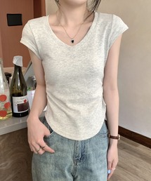 VネックTシャツ 半袖 コンパクト ショート丈 ストレッチ サイドギャザー カットソー