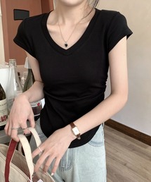 VネックTシャツ 半袖 コンパクト ショート丈 ストレッチ サイドギャザー カットソー