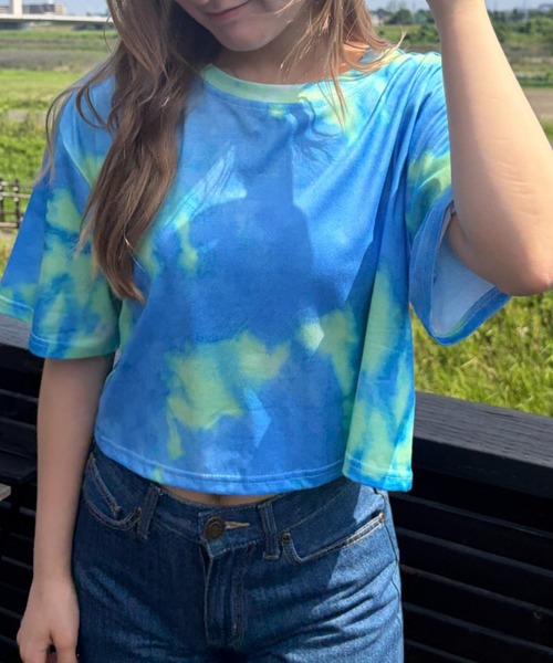 Loco Ocean(ロコオーシャン)の「ニュアンスタイダイ染め クロップド丈 ショート半袖Tシャツ(Tシャツ/カットソー・レディース・パープル/オレンジ/グリーン・FREE)」の7枚目の写真
