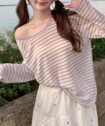 マルチボーダー柄 ワンショルダー シアー 長袖Tシャツ