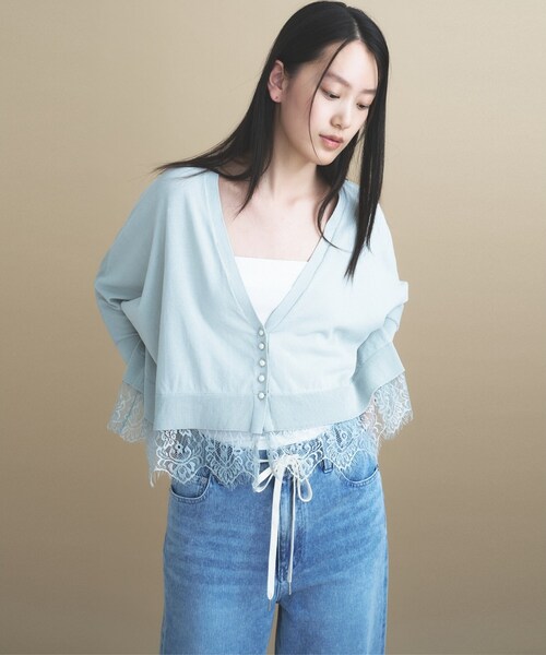 cloenc(クロエンス)の「AIRYDRY ドルマン レースニットカーディガン【遮熱/マシンウォッシュ】(カーディガン/ボレロ・レディース・ライトグリーン/ネイビー/オフホワイト・02)」の1枚目の写真