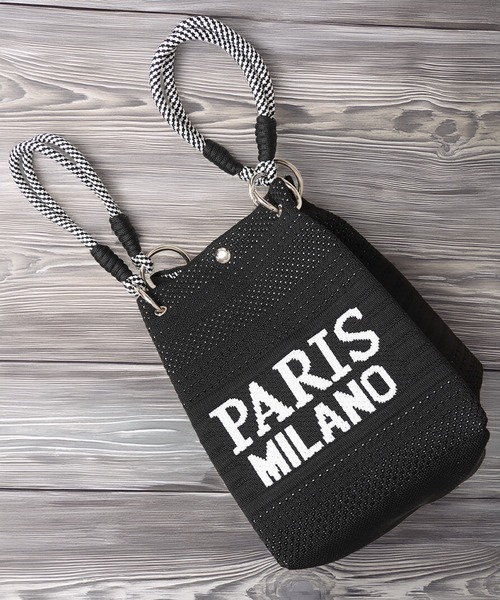 1111clothing(ワンフォークロージング)の「PARIS MILANO ロゴジャガード ニット ミニ 巾着バッグ / PARIS MILANO Logo Drawstring Bag(ハンドバッグ・レディース・ピンク/ブラック/ベージュ/グリーン/アイボリー・FREE)」の3枚目の写真