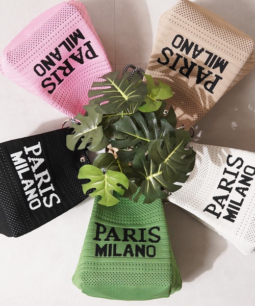 1111clothing(ワンフォークロージング)の「PARIS MILANO ロゴジャガード ニット ミニ 巾着バッグ / PARIS MILANO Logo Drawstring Bag(ハンドバッグ・レディース・ピンク/ブラック/ベージュ/グリーン/アイボリー・FREE)」の6枚目の写真