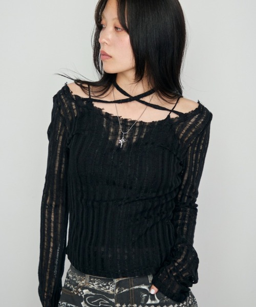Haze Reverie(ヘイズレヴァリー)の「チョーカーダメージシアートップス(Tシャツ/カットソー・レディース・グレー/ブラック/ホワイト・FREE)」の2枚目の写真
