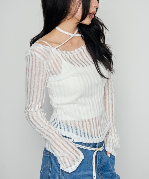 Haze Reverie(ヘイズレヴァリー)の「チョーカーダメージシアートップス(Tシャツ/カットソー・レディース・グレー/ブラック/ホワイト・FREE)」の9枚目の写真