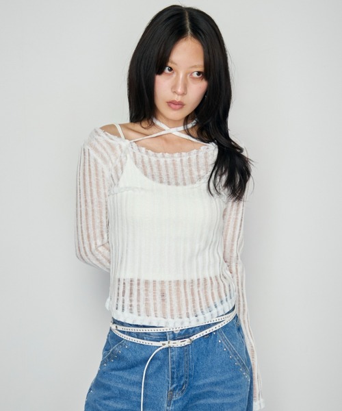 Haze Reverie(ヘイズレヴァリー)の「チョーカーダメージシアートップス(Tシャツ/カットソー・レディース・グレー/ブラック/ホワイト・FREE)」の7枚目の写真