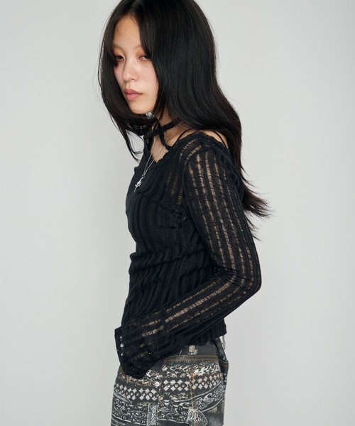 Haze Reverie(ヘイズレヴァリー)の「チョーカーダメージシアートップス(Tシャツ/カットソー・レディース・グレー/ブラック/ホワイト・FREE)」の16枚目の写真