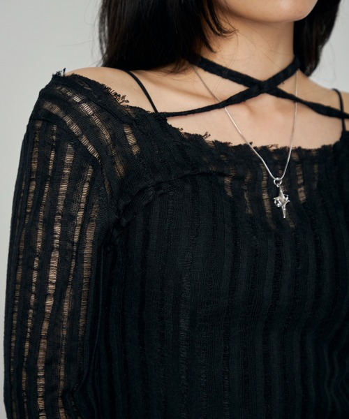 Haze Reverie(ヘイズレヴァリー)の「チョーカーダメージシアートップス(Tシャツ/カットソー・レディース・グレー/ブラック/ホワイト・FREE)」の20枚目の写真