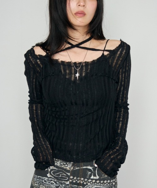 Haze Reverie(ヘイズレヴァリー)の「チョーカーダメージシアートップス(Tシャツ/カットソー・レディース・グレー/ブラック/ホワイト・FREE)」の15枚目の写真