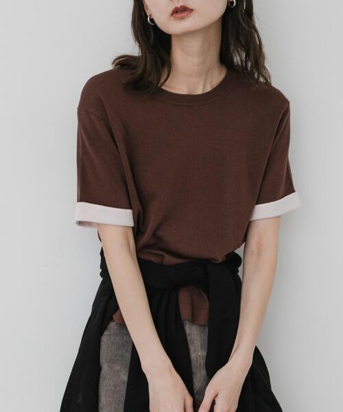SENSE OF PLACE by URBAN RESEARCH(センスオブプレイスバイアーバンリサーチ)の「『洗濯可』バイカラーロールスリーブニットTシャツ(ニット/セーター・レディース・チャコールグレー/ブラック/ブラウン・ONE)」の3枚目の写真