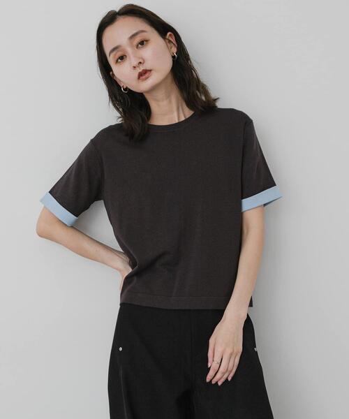 SENSE OF PLACE by URBAN RESEARCH(センスオブプレイスバイアーバンリサーチ)の「『洗濯可』バイカラーロールスリーブニットTシャツ(ニット/セーター・レディース・チャコールグレー/ブラック/ブラウン・ONE)」の22枚目の写真