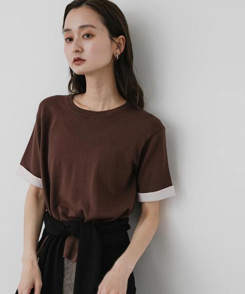 SENSE OF PLACE by URBAN RESEARCH(センスオブプレイスバイアーバンリサーチ)の「『洗濯可』バイカラーロールスリーブニットTシャツ(ニット/セーター・レディース・チャコールグレー/ブラック/ブラウン・ONE)」の11枚目の写真
