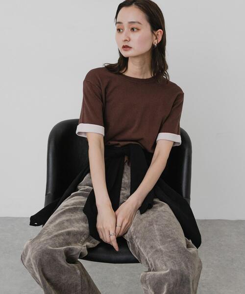 SENSE OF PLACE by URBAN RESEARCH(センスオブプレイスバイアーバンリサーチ)の「『洗濯可』バイカラーロールスリーブニットTシャツ(ニット/セーター・レディース・チャコールグレー/ブラック/ブラウン・ONE)」の9枚目の写真