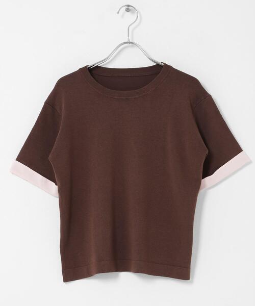 SENSE OF PLACE by URBAN RESEARCH(センスオブプレイスバイアーバンリサーチ)の「『洗濯可』バイカラーロールスリーブニットTシャツ(ニット/セーター・レディース・チャコールグレー/ブラック/ブラウン・ONE)」の5枚目の写真
