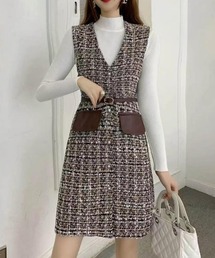 ツィード風ベルト付きジャンスカ+ハイネックニットSET