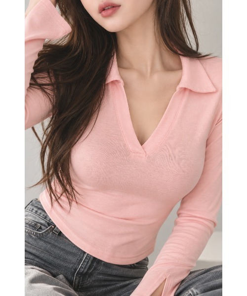 semuse(セミューズ)の「美シルエットスキッパーVネックトップス(Tシャツ/カットソー・レディース・ベージュ/ブラック/ホワイト/グレー/ピンク・FREE)」の5枚目の写真
