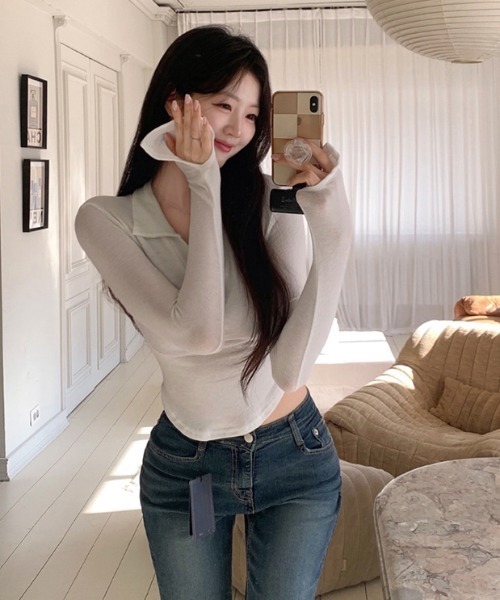 semuse(セミューズ)の「美シルエットスキッパーVネックトップス(Tシャツ/カットソー・レディース・ベージュ/ブラック/ホワイト/グレー/ピンク・FREE)」の11枚目の写真