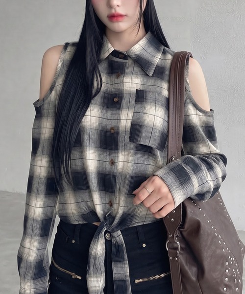 non-hedge(ノンヘッジ)の「肩開き前しばりチェックシャツ(シャツ/ブラウス・レディース・ブラウン/ブラック・FREE)」の2枚目の写真