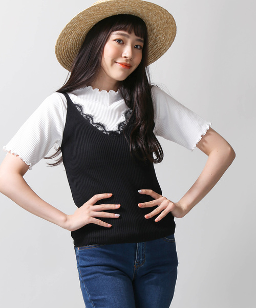 WEGO（ウィゴー）の「WEGO/レースVネックノースリーブニットキャミソール（キャミソール・レディース・ホワイト/ブラック/ブラウン・FREE）」の2枚目の写真