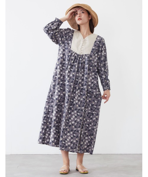 POU DOU DOU（プードゥドゥ）の「フラワープリント別地ヨークギャザーワンピース（ワンピース・レディース・ネイビー/ダークグレー・3）」の11枚目の写真
