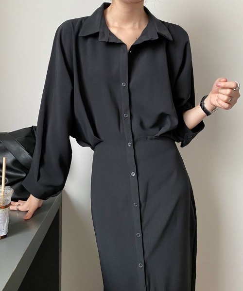 ABITOKYO（アビトーキョー）の「ボリューム袖ウエストタックシャツロングワンピース（ワンピース・レディース・ブラック/ベージュ/ダークグリーン/ブラウン/ブルーグレー/グレー/ボルドー/ネイビー・FREE）」の18枚目の写真