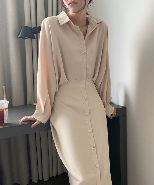 ABITOKYO（アビトーキョー）の「ボリューム袖ウエストタックシャツロングワンピース（ワンピース・レディース・ブラック/ベージュ/ダークグリーン/ブラウン/ブルーグレー/グレー/ボルドー/ネイビー・FREE）」の14枚目の写真