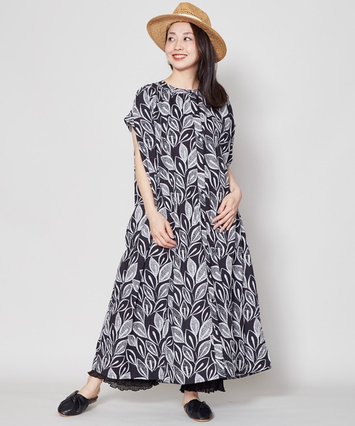 チャイハネ（チャイハネ）の「【チャイハネ】yul リーフ柄フレンチスリーブワンピース（ワンピース・レディース・ブラック/レッド/ホワイト・FREE）」の19枚目の写真