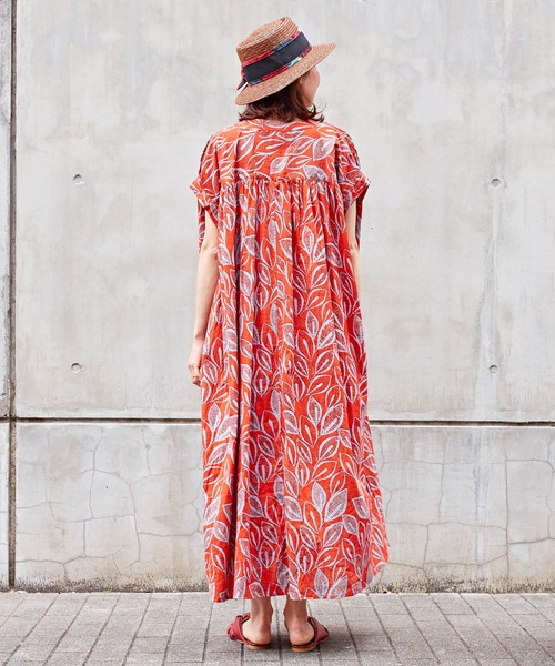 チャイハネ（チャイハネ）の「【チャイハネ】yul リーフ柄フレンチスリーブワンピース（ワンピース・レディース・ブラック/レッド/ホワイト・FREE）」の12枚目の写真