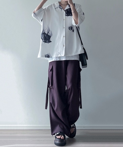 00s~ レーヨン100% L/S シャツ 薔薇 モードロック 光沢 ドレープ Lily & Rose' Drape Oversize Shirt / 百合柄&薔薇柄ドレープ