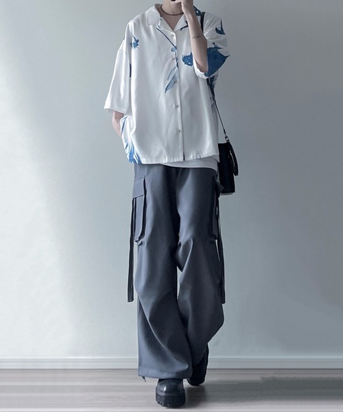 00s~ レーヨン100% L/S シャツ 薔薇 モードロック 光沢 ドレープ サテンシャツ 光沢 レギュラーカラー[品番：OE000007850]｜Rocky
