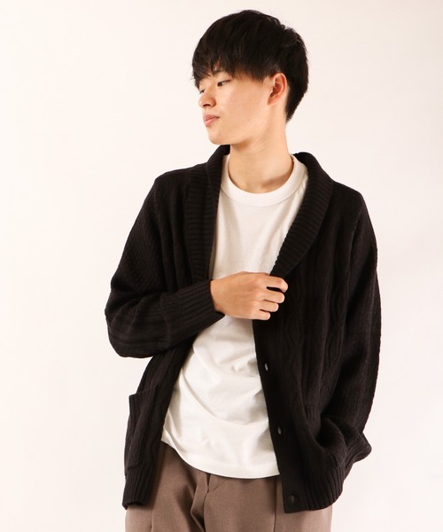 FUNALIVE(ファンアライブ)の「5GGケーブルショールカーディガン(カーディガン/ボレロ・メンズ・ブラック/カーキ/ベージュ/杢グレー/ワイン/ネイビー/チャコールグレー/ホワイト・M/S/XL/L)」の1枚目の写真