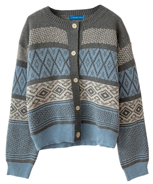 meJane(ミージェーン)の「ジオメトリック柄クルーネックニットカーディガン(カーディガン/ボレロ・レディース・ブラウン/グレー・FREE)」の5枚目の写真